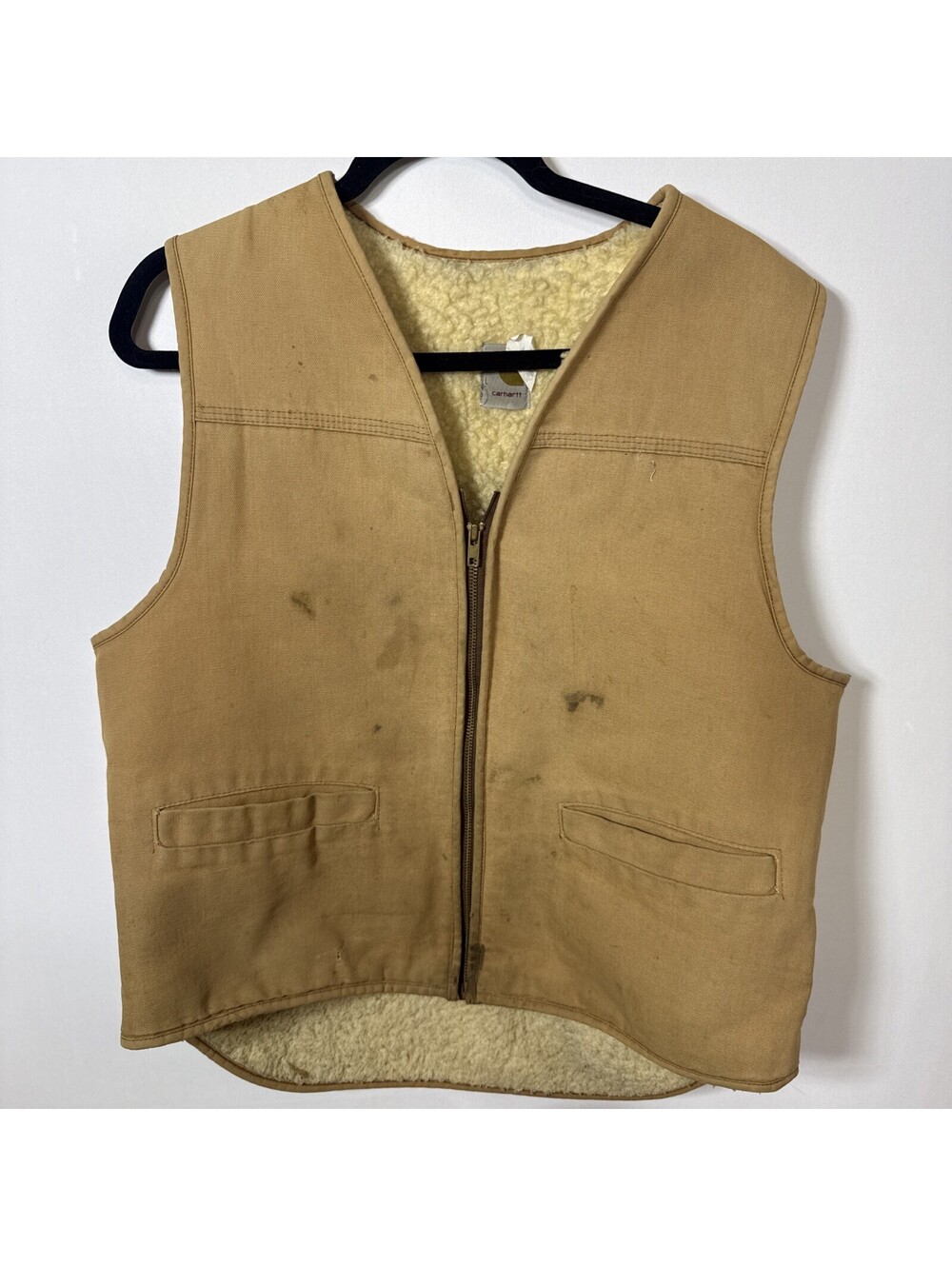Vintage 70s 80s Carhartt Canvas Work Vest Mens Large Sherpa Lined Distressed